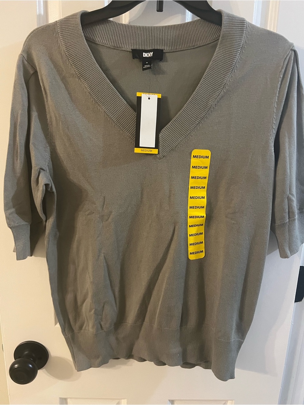 DKNY Olive V-Neck Short Sleeve Sweater